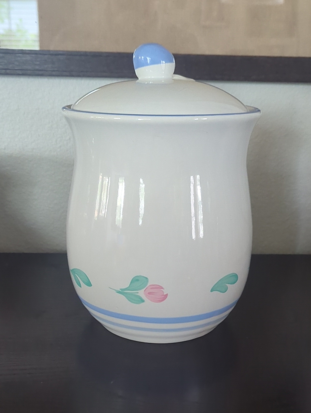 Vintage White Ceramic Canister with Pink Tulip and Blue Trim